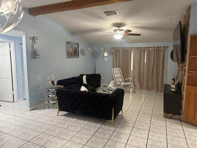 9705 Kingsburgh Ct, Tampa, FL 33615 - living area with ceiling fan, light tile patterned floors, a textured ceiling, and vaulted ceiling