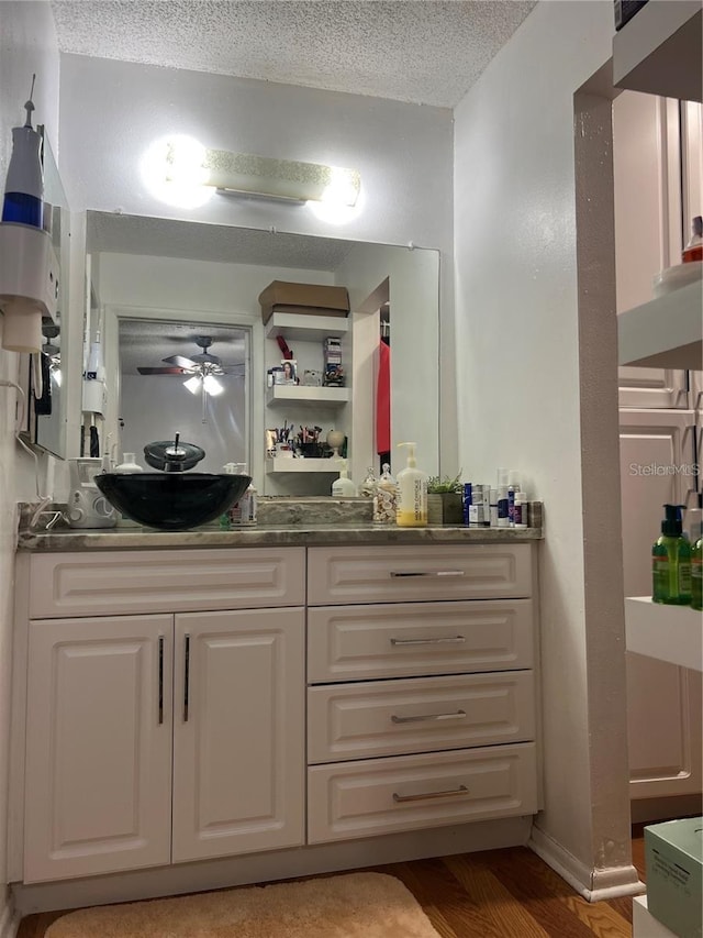 7518 Dolonita Dr Unit 7518, Tampa, FL 33615 - bathroom featuring vanity, a textured ceiling, ceiling fan, and wood finished floors