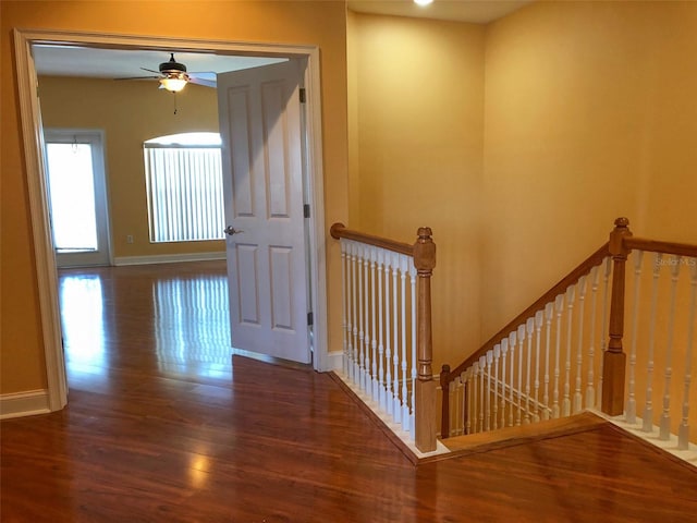 6517 Channelside Dr, New Port Richey, FL 34652 - staircase featuring wood finished floors and ceiling fan