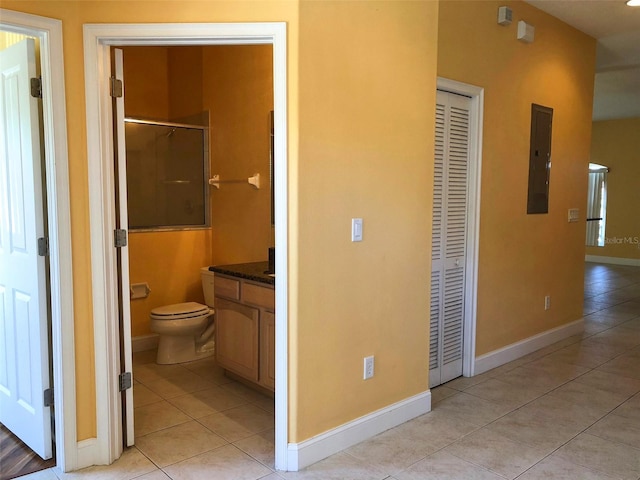 6517 Channelside Dr, New Port Richey, FL 34652 - full bath with tile patterned flooring, a closet, vanity, electric panel, and a shower with door