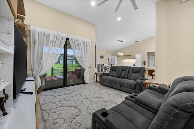 13395 59th Ct N, West Palm Beach, FL 33411 - living area featuring a ceiling fan and vaulted ceiling