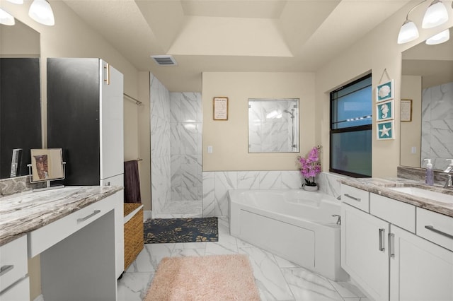 13395 59th Ct N, West Palm Beach, FL 33411 - bathroom with a marble finish shower, marble look tile flooring, a garden tub, and vanity