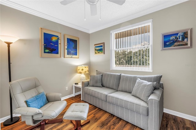 6399 Shoreline Dr Unit 4201, Saint Petersburg, FL 33708 - living room featuring a ceiling fan, ornamental molding, and dark wood-style flooring