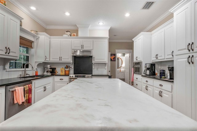 828 E Savoy St, Lecanto, FL 34461 - kitchen featuring appliances with stainless steel finishes, under cabinet range hood, decorative backsplash, ornamental molding, and white cabinetry