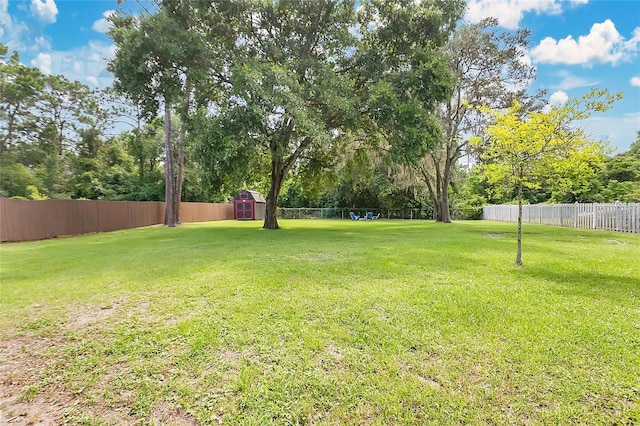 4233 Oak Ln, Saint Augustine, FL 32086 - fenced backyard featuring a storage shed and view of wooded area