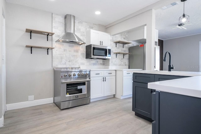 809 59th Ave, Saint Petersburg, FL 33706 - kitchen featuring stainless steel appliances, open shelves, wall chimney range hood, tasteful backsplash, and white cabinets