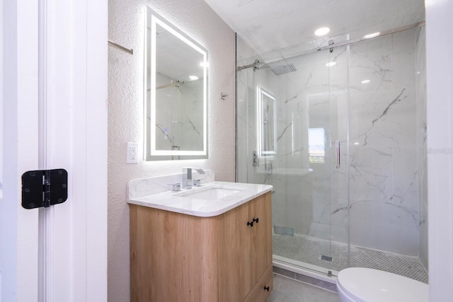 809 59th Ave, Saint Petersburg, FL 33706 - bathroom with a textured wall, a marble finish shower, and vanity