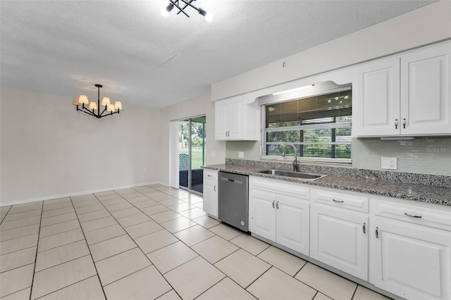 607 Spring Blossom Ct, Brandon, FL 33511 - kitchen with dishwasher, a chandelier, white cabinets, a textured ceiling, and light tile patterned flooring