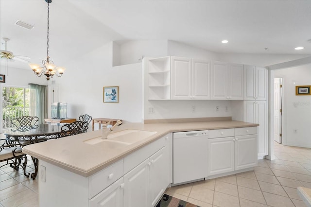 7018 Scrub Jay Way, Bradenton, FL 34203 - kitchen with dishwasher, light tile patterned flooring, open shelves, white cabinetry, and recessed lighting
