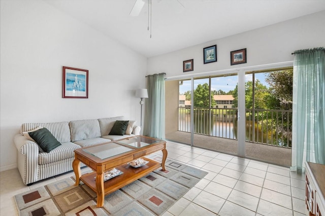 7018 Scrub Jay Way, Bradenton, FL 34203 - living room featuring a water view, ceiling fan, and light tile patterned floors