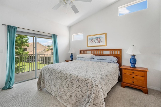7018 Scrub Jay Way, Bradenton, FL 34203 - carpeted bedroom featuring access to exterior, high vaulted ceiling, and a ceiling fan