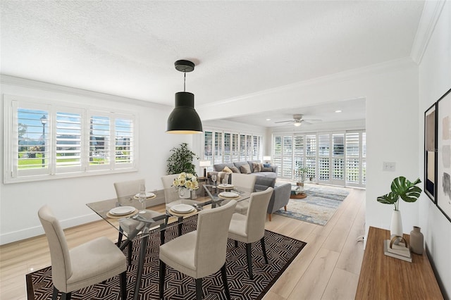 9410 Tara Cay Ct Unit 15, Seminole, FL 33776 - dining room with healthy amount of natural light, ornamental molding, light wood-type flooring, a textured ceiling, and a ceiling fan