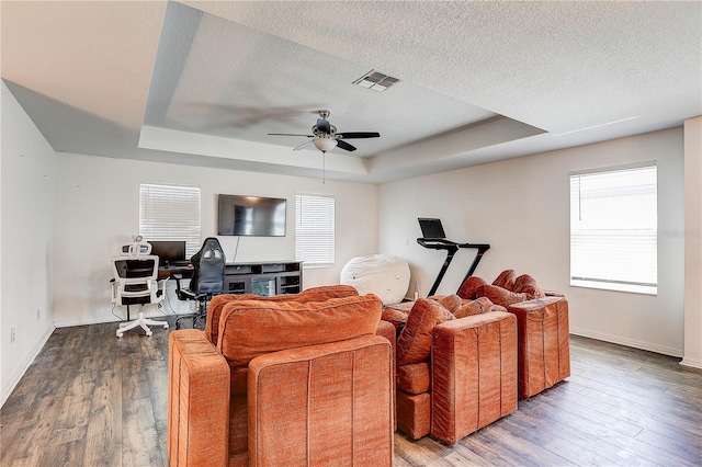 10146 Tuscan Sun Ave, Riverview, FL 33578 - living room featuring a raised ceiling, a textured ceiling, healthy amount of natural light, and ceiling fan