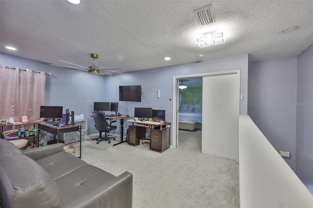 6314 Magnolia Trails Ln, Gibsonton, FL 33534 - home office featuring recessed lighting, light colored carpet, ceiling fan, and a textured ceiling
