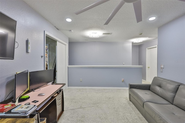 6314 Magnolia Trails Ln, Gibsonton, FL 33534 - carpeted living area with a textured ceiling, ceiling fan, and recessed lighting
