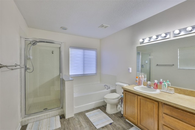 6314 Magnolia Trails Ln, Gibsonton, FL 33534 - full bathroom featuring a garden tub, vanity, a shower stall, a textured ceiling, and wood finished floors