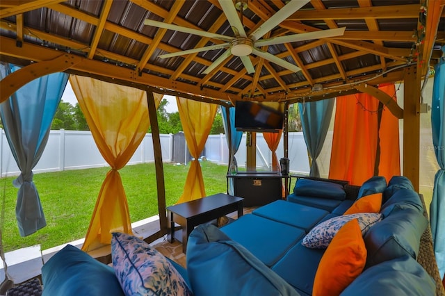 6314 Magnolia Trails Ln, Gibsonton, FL 33534 - fenced backyard with a gazebo, an outdoor living space, and ceiling fan
