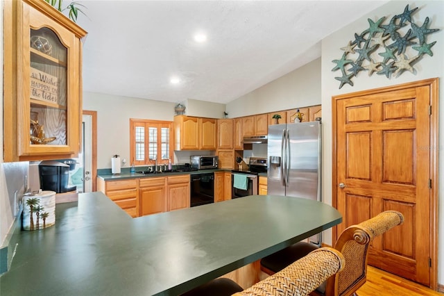 1008 Mallow Way, Brandon, FL 33510 - kitchen with appliances with stainless steel finishes, vaulted ceiling, a peninsula, under cabinet range hood, and glass insert cabinets