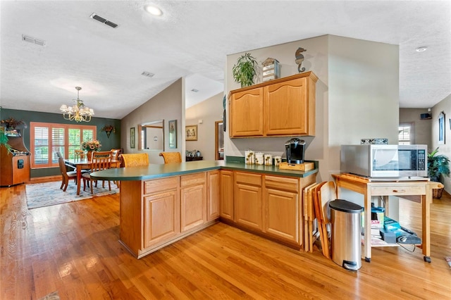 1008 Mallow Way, Brandon, FL 33510 - kitchen featuring stainless steel microwave, light wood-style flooring, a peninsula, a chandelier, and healthy amount of natural light