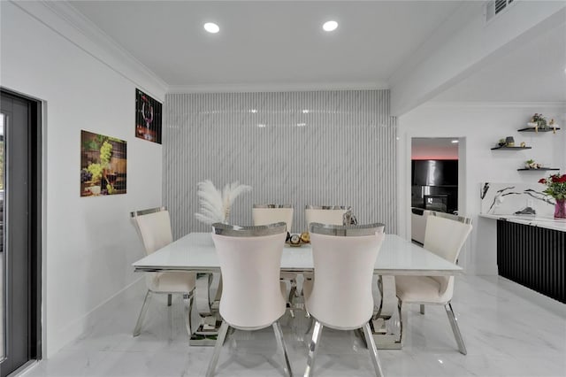 18852 Tracer Dr, Lutz, FL 33549 - dining space featuring crown molding, light marble finish flooring, and recessed lighting