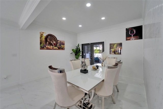 18852 Tracer Dr, Lutz, FL 33549 - dining area with light marble finish flooring, recessed lighting, ornamental molding, and french doors