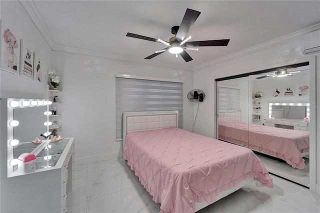 18852 Tracer Dr, Lutz, FL 33549 - bedroom featuring light marble finish flooring, ornamental molding, a wall mounted AC, and a ceiling fan