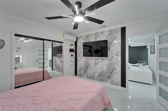 18852 Tracer Dr, Lutz, FL 33549 - bedroom featuring a wall unit AC, marble finish floors, ornamental molding, and ceiling fan