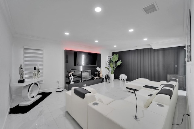 18852 Tracer Dr, Lutz, FL 33549 - living area featuring recessed lighting, ornamental molding, light marble finish floors, and wood walls