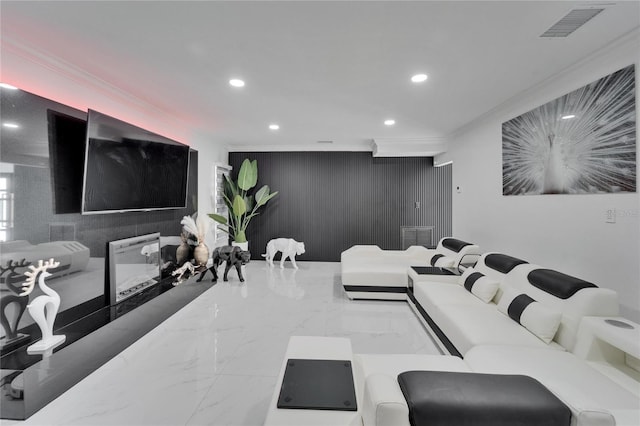 18852 Tracer Dr, Lutz, FL 33549 - living room featuring ornamental molding, recessed lighting, marble tiled flooring, and an accent wall