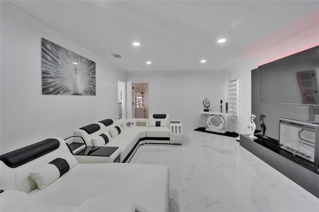 18852 Tracer Dr, Lutz, FL 33549 - living room featuring recessed lighting, crown molding, and marble finish floors