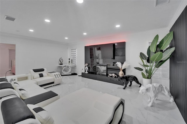 18852 Tracer Dr, Lutz, FL 33549 - living room featuring marble tiled flooring, recessed lighting, and crown molding