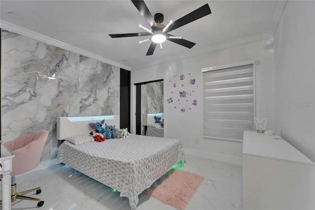 18852 Tracer Dr, Lutz, FL 33549 - bedroom featuring ornamental molding, marble finish floors, and a ceiling fan