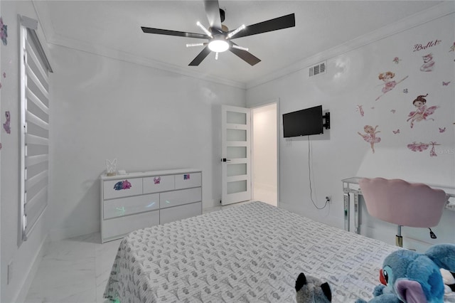 18852 Tracer Dr, Lutz, FL 33549 - bedroom with marble finish flooring, crown molding, and ceiling fan