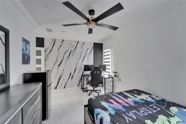18852 Tracer Dr, Lutz, FL 33549 - bedroom featuring ornamental molding, marble finish flooring, ceiling fan, and an accent wall