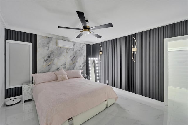 18852 Tracer Dr, Lutz, FL 33549 - bedroom featuring marble tiled flooring, a wall unit AC, ornamental molding, and ceiling fan