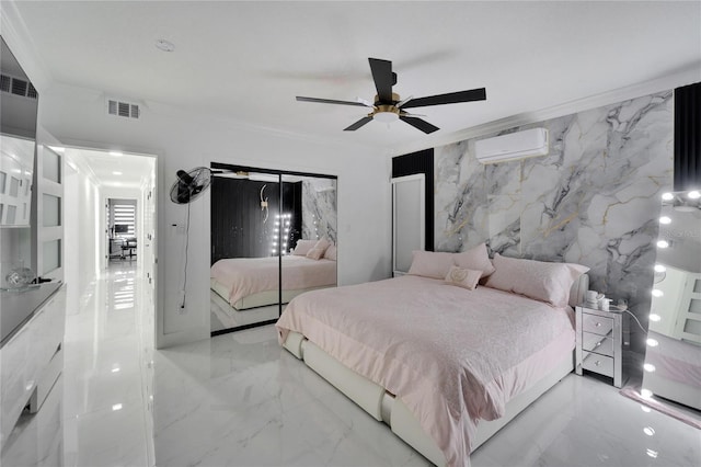 18852 Tracer Dr, Lutz, FL 33549 - bedroom with a wall unit AC, marble tiled flooring, crown molding, a ceiling fan, and tile walls