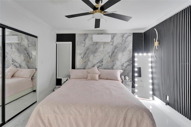 18852 Tracer Dr, Lutz, FL 33549 - bedroom featuring a wall mounted air conditioner, crown molding, marble finish flooring, and ceiling fan