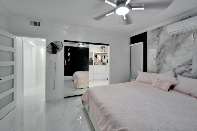 18852 Tracer Dr, Lutz, FL 33549 - bedroom featuring an AC wall unit, crown molding, light marble finish floors, and ceiling fan