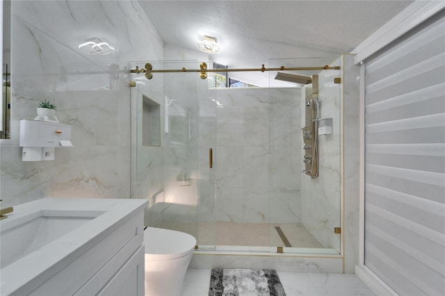 18852 Tracer Dr, Lutz, FL 33549 - bathroom with a marble finish shower, vanity, marble look tiles, and a textured ceiling