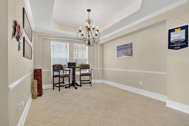 5720 Tortoise Pl, Apollo Beach, FL 33572 - office space with a chandelier, tile patterned floors, a textured ceiling, a raised ceiling, and ornamental molding