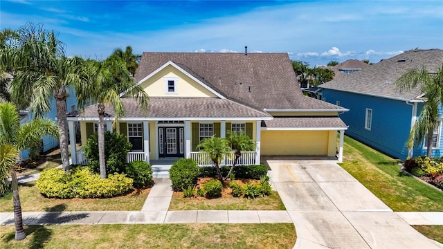 5720 Tortoise Pl, Apollo Beach, FL 33572 - traditional home featuring a shingled roof, covered porch, an attached garage, concrete driveway, and a front lawn