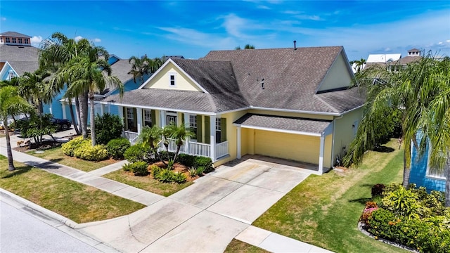 5720 Tortoise Pl, Apollo Beach, FL 33572 - view of front of home featuring covered porch, stucco siding, a garage, driveway, and a shingled roof
