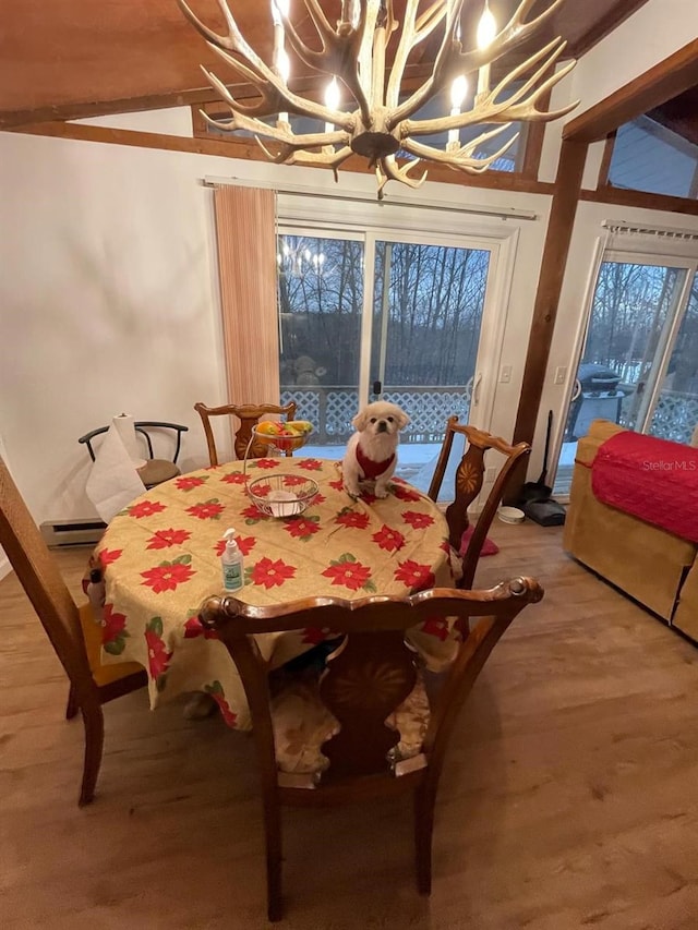 123 Rocky Rd, Lackawaxen, PA 18435 - dining room featuring a chandelier, light wood-type flooring, and a baseboard heating unit