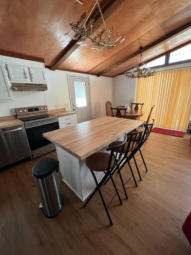 123 Rocky Rd, Lackawaxen, PA 18435 - dining space with a chandelier, dark wood-style floors, healthy amount of natural light, and wood ceiling