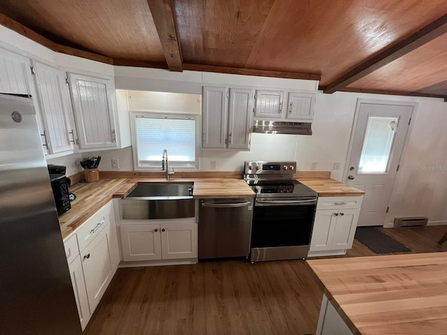 123 Rocky Rd, Lackawaxen, PA 18435 - kitchen with wooden counters, appliances with stainless steel finishes, a wood ceiling with exposed beams, under cabinet range hood, and dark wood-style floors