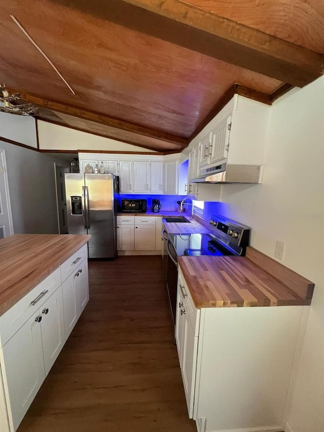 123 Rocky Rd, Lackawaxen, PA 18435 - kitchen featuring butcher block countertops, appliances with stainless steel finishes, under cabinet range hood, dark wood-style flooring, and white cabinetry