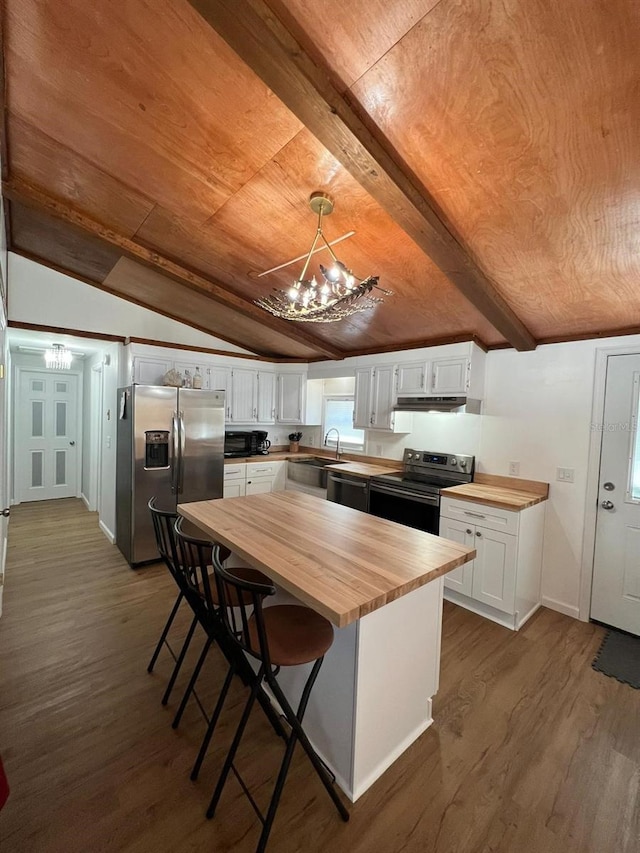 123 Rocky Rd, Lackawaxen, PA 18435 - kitchen featuring butcher block countertops, appliances with stainless steel finishes, a chandelier, dark wood-style floors, and wooden ceiling