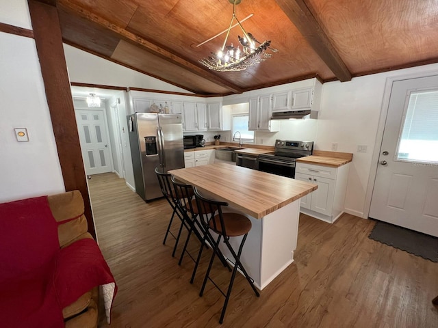 123 Rocky Rd, Lackawaxen, PA 18435 - kitchen featuring stainless steel appliances, wooden counters, under cabinet range hood, dark wood finished floors, and white cabinets