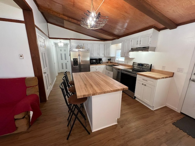 123 Rocky Rd, Lackawaxen, PA 18435 - kitchen with butcher block counters, appliances with stainless steel finishes, under cabinet range hood, dark wood finished floors, and wood ceiling