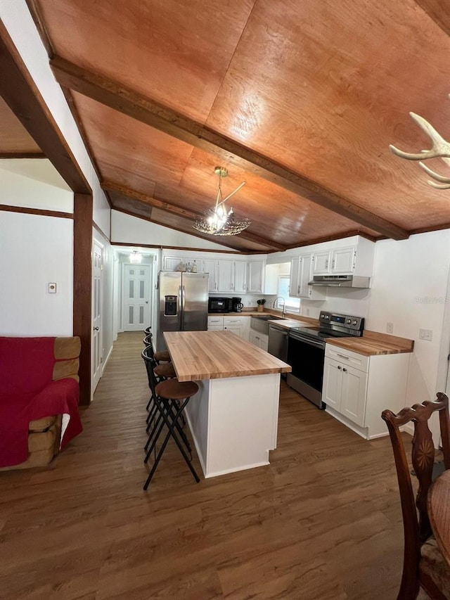 123 Rocky Rd, Lackawaxen, PA 18435 - kitchen with butcher block counters, stainless steel appliances, under cabinet range hood, white cabinetry, and wooden ceiling